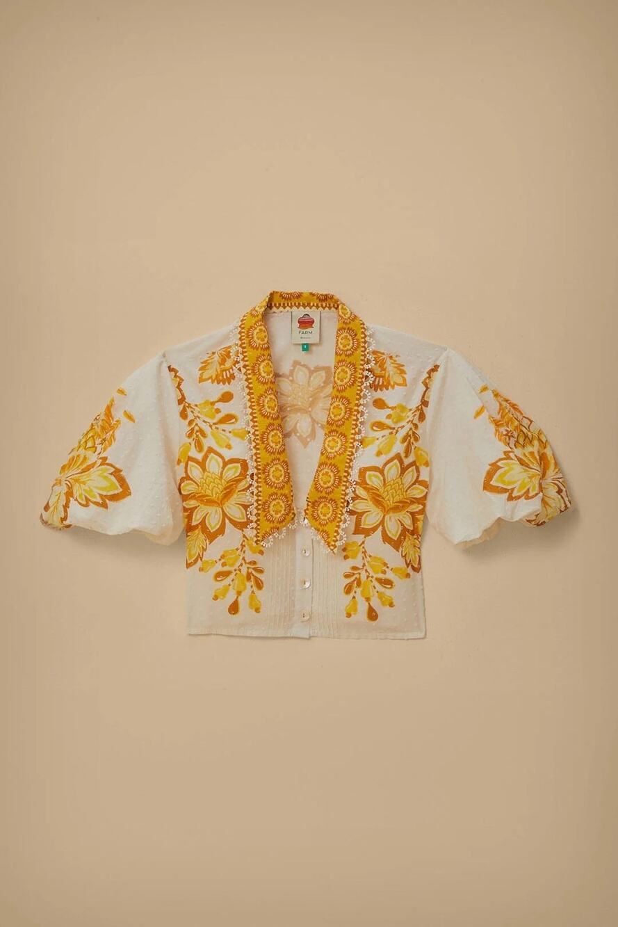Farm Rio Aura Floral Cotton Crop Top Blouse Yellow White Size XL